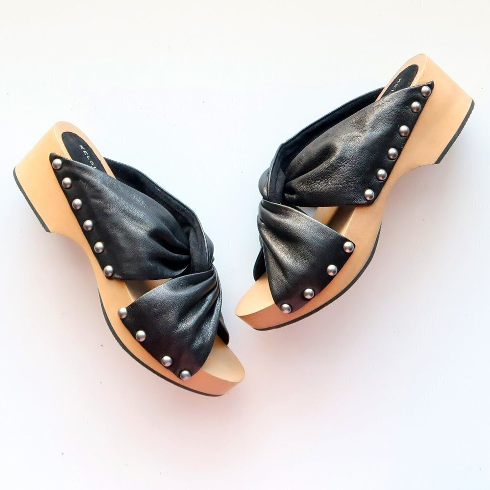 Kelsi Dagger Black and Tan Mules with Studded Detail